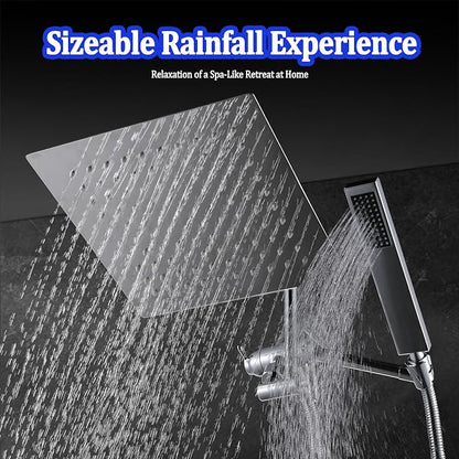 All Metal Rain Shower Head with Handheld Combo, YDmeet 10 Inch Rainfall Shower Head, Stainless Steel Hand Wand, 3 Setting Diverter, Adjustable Extension Arm w/Lock Joints, 71" Extra Long Hose, Chrome