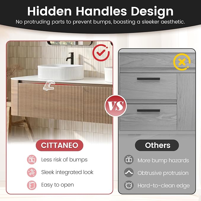 72" Floating Bathroom Vanity with Double White Sink, Honey Oak | Pre-Assembled Fluted Wall Mounted Vanity with Sintered Stone Countertop, Rounded Edges, Soft-Close Drawers & Towel Rack