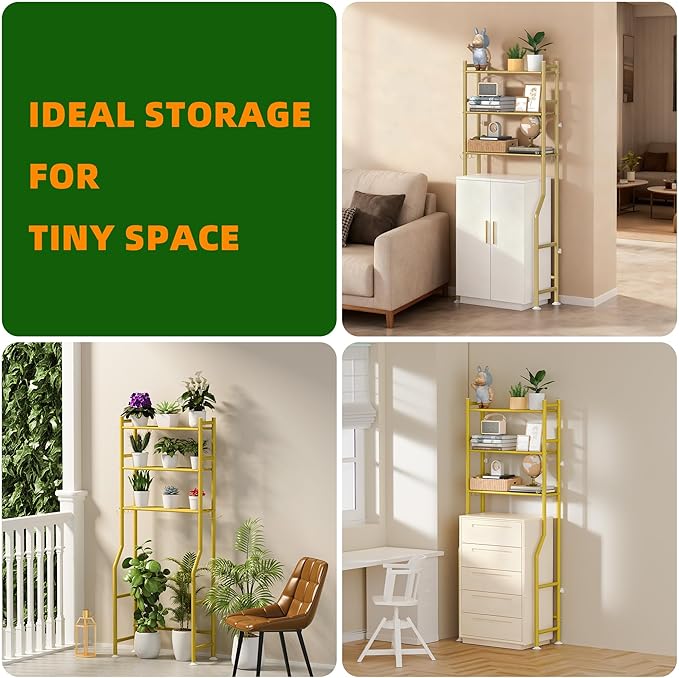 3-Tier Over Toilet Storage with Anti-Tilt Safety System - 150lb Total Capacity Metal Bathroom Shelves Including Paper Holder & 4 Hooks, Space Saving Above Commode Organizer (64" H, Gold)