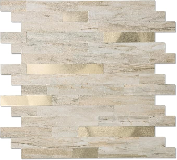 Yipscazo 10 Sheets Peel and Stick Stone Metal Tile Backsplash, Stick on Tiles for Backsplash Kitchen, Bathroom, Laundry Room, Camper, Fireplace (12'' X 12'', Beige Stone with Gold)
