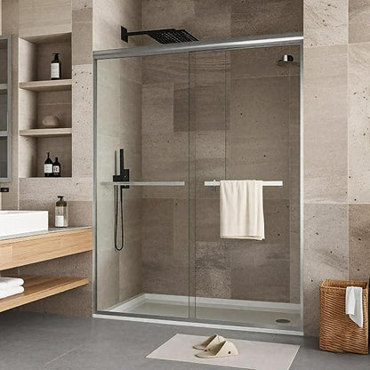 Double Sliding Shower Door 44-48 Inch W×72 Inch H – Brushed Silver Aluminum Frame Bypass Shower Door with 6mm Tempered Glass, Easy Clean Coating
