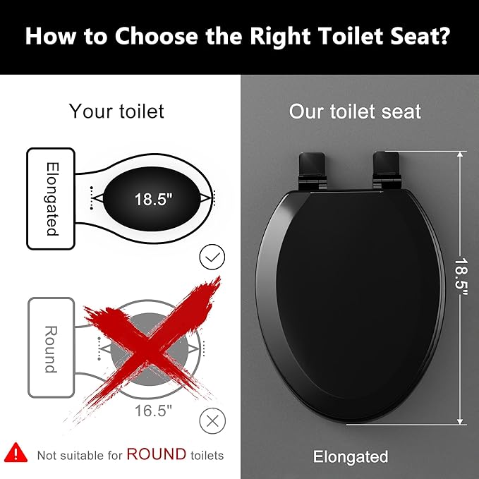 Angol Shiold Quiet-Close Molded Wood Toilet Seat with Non-Slip Adjustable Hinges, Anti-Pinch Bumpers, Easy Install & Clean（Black, Elongated 18.5''）