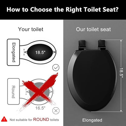 Angol Shiold Quiet-Close Molded Wood Toilet Seat with Non-Slip Adjustable Hinges, Anti-Pinch Bumpers, Easy Install & Clean（Black, Elongated 18.5''）