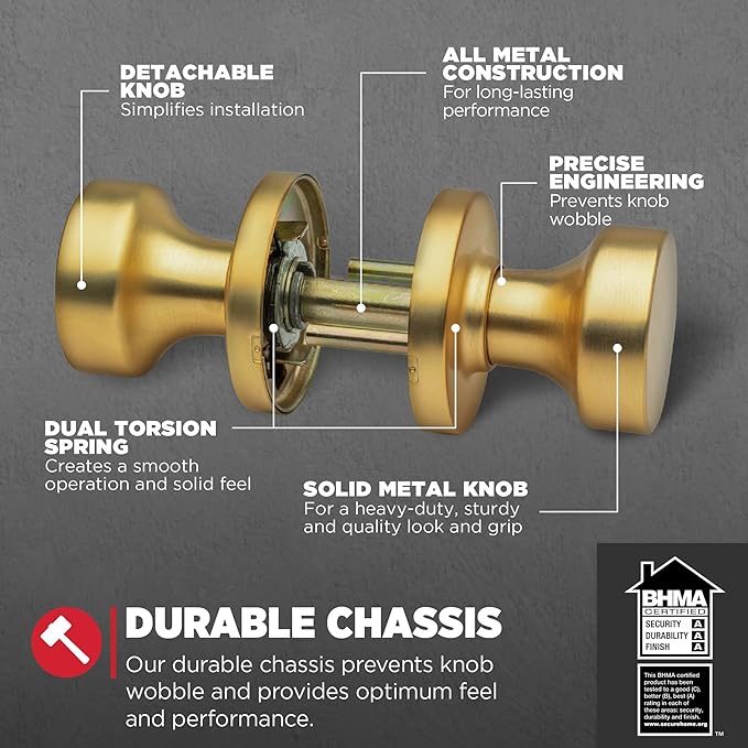 Kwikset Pismo Interior Passage Door Knob, Handle for Closet and Hallway Doors, Non-Locking Doorknob, Satin Brass, Round, Microban Protection (Pack of 4)