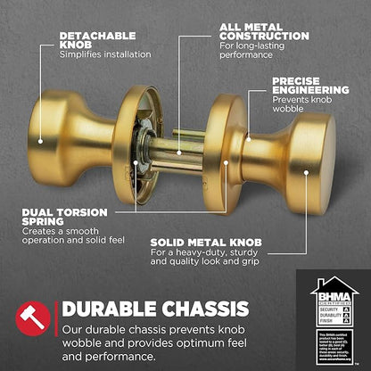 Kwikset Pismo Interior Passage Door Knob, Handle for Closet and Hallway Doors, Non-Locking Doorknob, Satin Brass, Round, Microban Protection (Pack of 4)