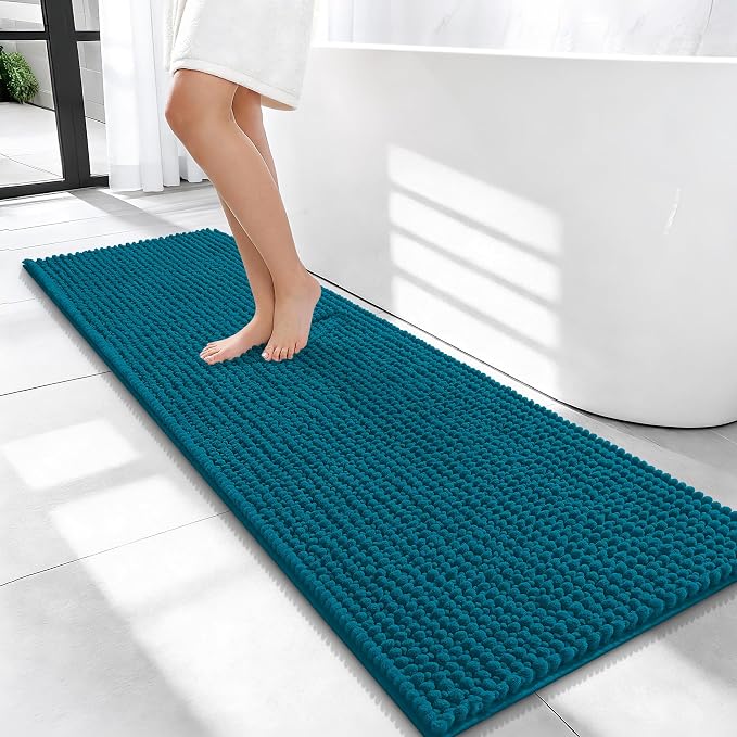 OLANLY Thick Chenille Bathroom Runner Rugs Mats 47x17, Peacock Blue | Soft Absorbent Bath Rugs, Rubber Backing, Machine Wash Dry, Bath Mats for Bathroom, Tub and Shower, Home Decor Accessories