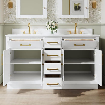 60-Inch Bathroom Vanity with Double Sinks W/ 4 Doors & 4 Drawers & 2 Flip Drawers, White Vanity W/Brushed Gold Handles