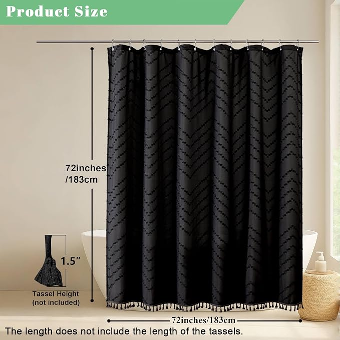 Boho Shower Curtain, Black Fabric Cloth Shower Curtains Farmhouse Tufted Chevron Striped Textured with Tassel for Bathroom, Soft Hotel Style Modern Minimalist, Machine Washable, 72x72, Black