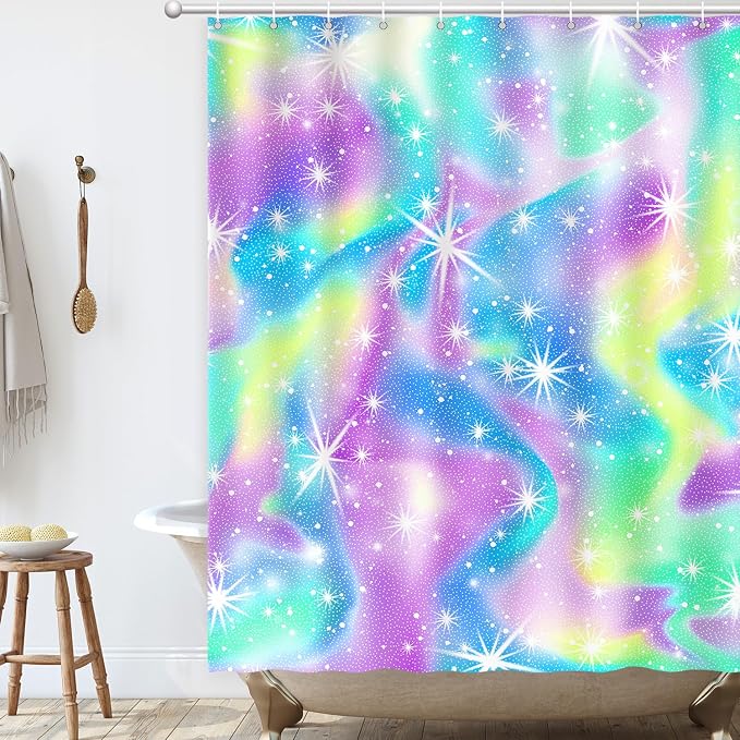 Rainbow Shower Curtain Holographic Gradient Colorful Kids Shower Curtain for Bathroom, Waterproof Polyester Machine Washable Home Decor Bath Curtains with Hooks, 72 x 72 Inch