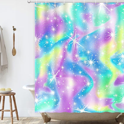 Rainbow Shower Curtain Holographic Gradient Colorful Kids Shower Curtain for Bathroom, Waterproof Polyester Machine Washable Home Decor Bath Curtains with Hooks, 72 x 72 Inch