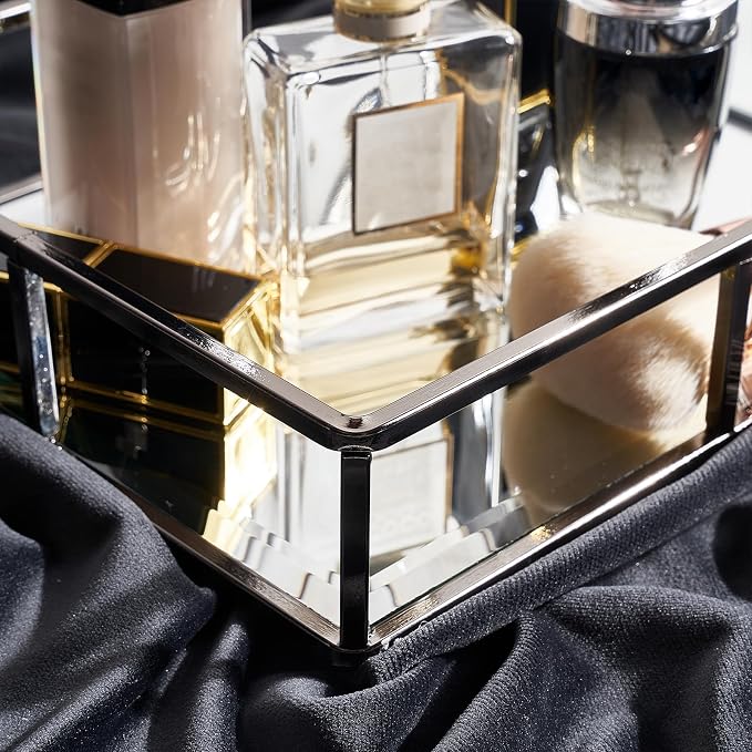 PuTwo Mirror Tray, Smoky Black Perfume Tray, Decorative Tray, Metal Vanity Tray, Jewelry Tray, Tray Decor, Decorative Trays, Glass Tray, Perfume Organizer, Vanity Trays for Bathroom, Counter, Bathroom | Smoky Black Tray Jewelry Perfume Organizer Makeup...