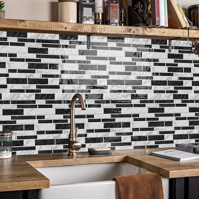 Alwayspon 10 Sheets 12" x12inch Black and White Marble Effect Vinyl Tiles, Backsplash, Self-Adhesive Peel and Stick Wall Tile Stickers, Stick on Subway Tiles for Kitchen Bathroom Wall Decor