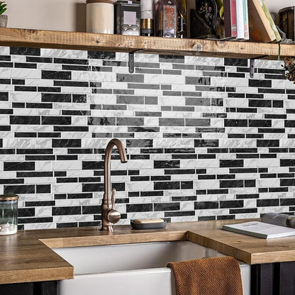 Alwayspon 10 Sheets 12" x12inch Black and White Marble Effect Vinyl Tiles, Backsplash, Self-Adhesive Peel and Stick Wall Tile Stickers, Stick on Subway Tiles for Kitchen Bathroom Wall Decor