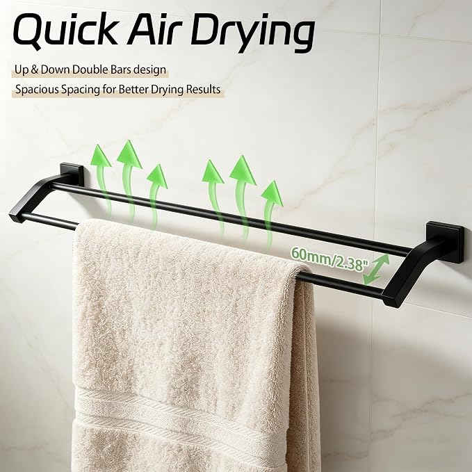 Alise 24" Double Towel Bar, Towel Racks for Bathroom, Matte Black | SuS304 Stainless Steel Bathroom Towel Rack Wall Mounted, Rust Resistant, Quick Drying, Useable Length 22.9"