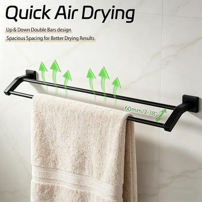 Alise 24" Double Towel Bar, Towel Racks for Bathroom, Matte Black | SuS304 Stainless Steel Bathroom Towel Rack Wall Mounted, Rust Resistant, Quick Drying, Useable Length 22.9"