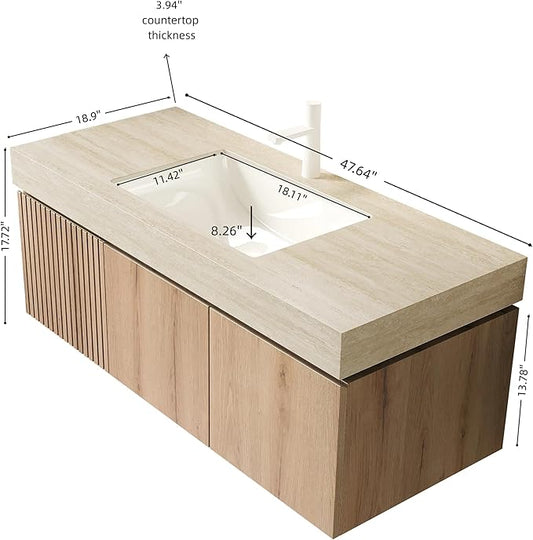 48 Inch Floating Bathroom Vanity with Sink, Wall-Mounted Bathroom Vanity with Drawer and 2 Doors, Roma Travertine-Pattern Countertop and Ceramic Basin, Pre-Assembled, White Oak