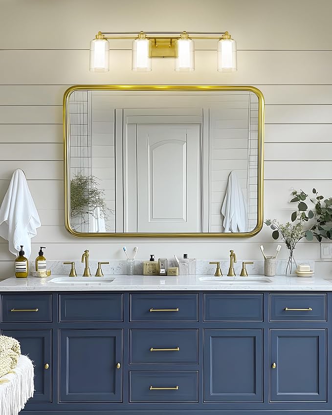 HWH 4-Light Bathroom Vanity Light, Brushed Gold, 5CCT, 5HLT63B-4W-LED BG | Clear Glass, Dimmable, 24W, Vanity Lights for Bathroom, Brass Wall Light Fixtures, Vanity Lights for Mirror, For Bedroom