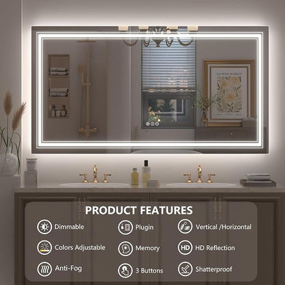 60x28 LED Bathroom Mirror | Dimmable, Backlit and Front Lighted Vanity Mirror, Anti-Fog, Shatterproof, Memory, ETL Listed (Horizontal/Vertical)