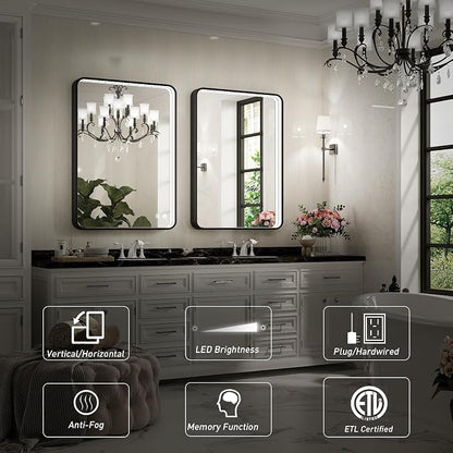 36x24 Inch Black Frame LED Lighted Bathroom Mirror,ETL Listed | 3 Color Anti-Fog,3000K/4500K/6000K Dimmable,Horizontal & Vertical,Wall Mounted,Memory Function,Ideal for Bathroom,Vanity