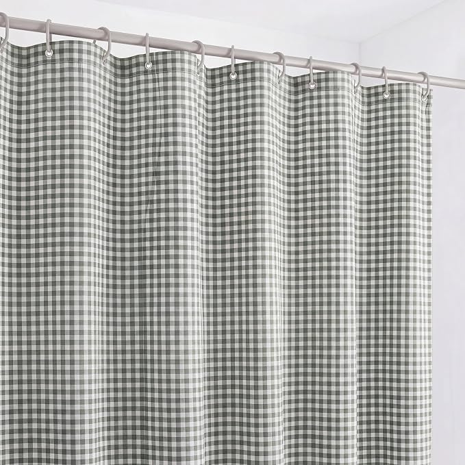 HunnmingRe Ruffle Hem Gingham Shower Curtain Sage Green | 72'' x 72'' Vintage Farmhouse Curtain, Cotton Cottage Core Rural Checkered Plaid Decor, Fall Shower Curtain for Bathroom