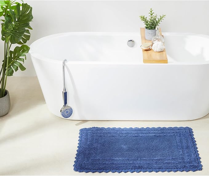 Better Trends Lilly Crochet 24x40 Reversible Bath Rugs and Bath mats for Bathroom, Luxurious 100% Cotton Bath Rug & Water Absorbent Bathroom Mat - Blue Bath Matt