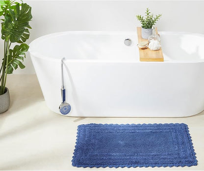 Better Trends Lilly Crochet 24x40 Reversible Bath Rugs and Bath mats for Bathroom, Luxurious 100% Cotton Bath Rug & Water Absorbent Bathroom Mat - Blue Bath Matt