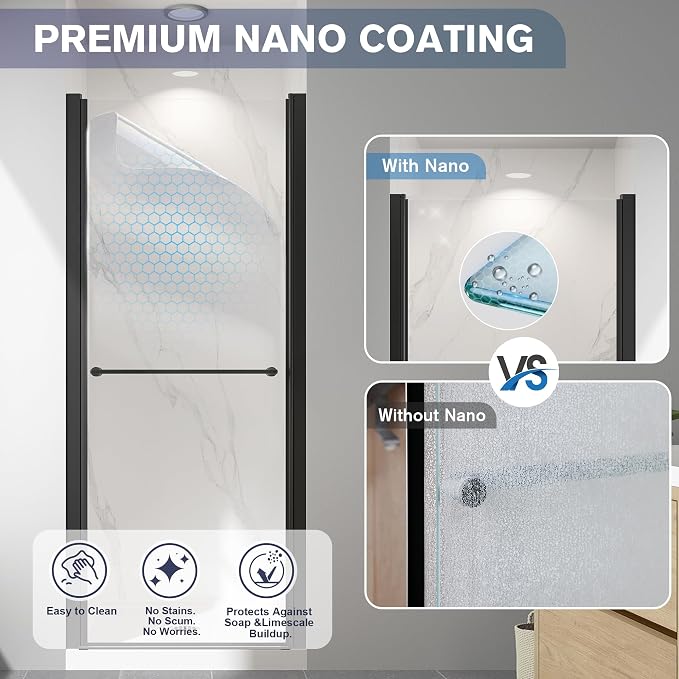 26"-28" W x 72" H Frameless Pivot Shower Door Matte Black | 1/4"(6mm) SGCC Tempered Glass with Explosion-Proof Film &Nano Coating,Customizable Width