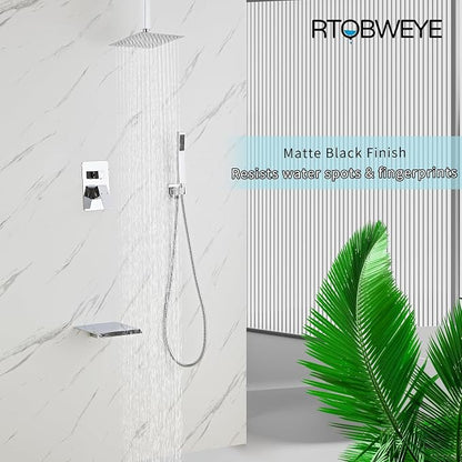 10 Inch Shower Faucet Set, Ceiling Mounted Rainfall Shower System with High Pressure Handheld Shower Head, Bathroom Mixer Rough-in Valve and Trim Shower Kit, Polished Chrome, with Tub Spout