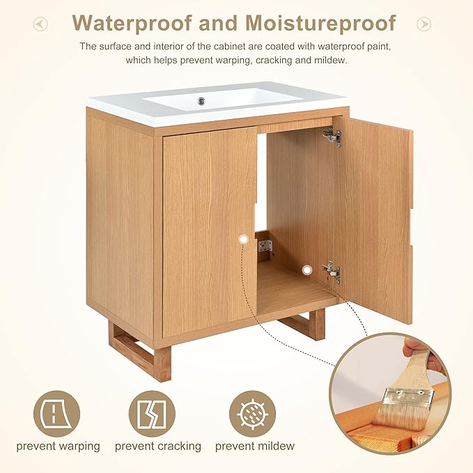 Favfurish 30" Bathroom Vanity with Resin Sink,Undermount Single Basin Bath Vanity Set w/2 Soft Closing Doors,Transitional Freestanding Storage Cabinet,Solid Wood Frame,Burly Wood