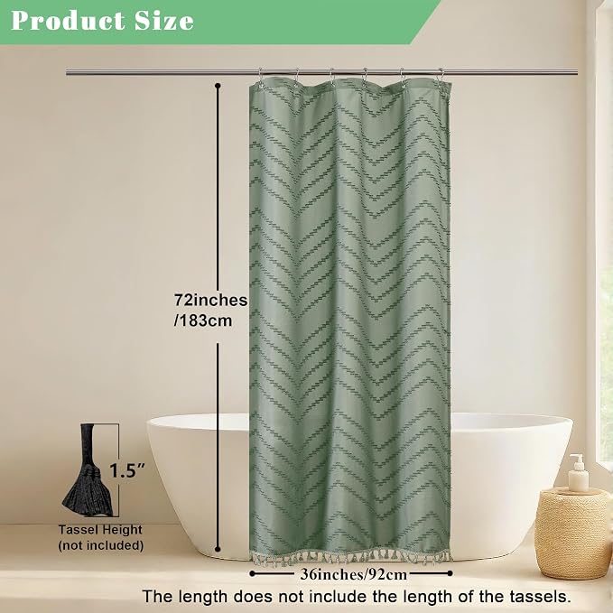 Small Boho Stall Shower Curtain, Sage Green Fabric Cloth Stall Shower Curtain 36 x 72 Half Size with Tassel Tufted Chevron Striped Textured Modern Farmhouse for Bathroom, Machine Washable