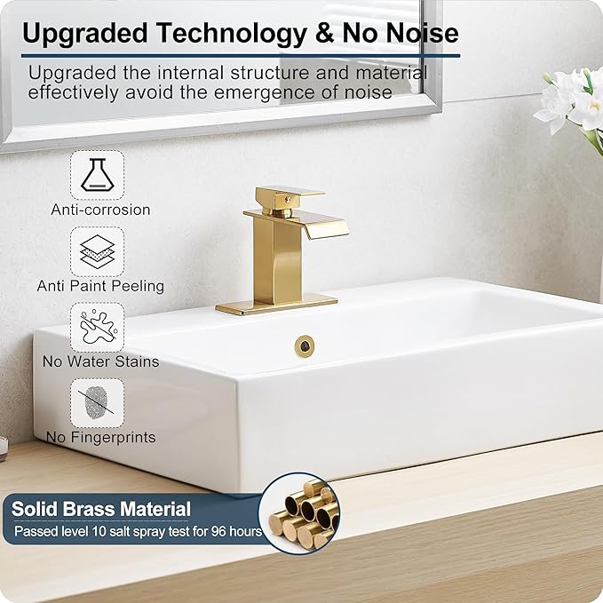 Gold Bathroom Faucet Single Handle, Brass Waterfall Bathroom Faucet, 4 Inch Bathroom Faucets 1 Hole or 3 Holes Bathroom Sink Faucets with Deck Plate & Pop-Up Drain for Public Sinks No Splashing