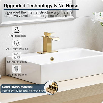 Gold Bathroom Faucet Single Handle, Brass Waterfall Bathroom Faucet, 4 Inch Bathroom Faucets 1 Hole or 3 Holes Bathroom Sink Faucets with Deck Plate & Pop-Up Drain for Public Sinks No Splashing