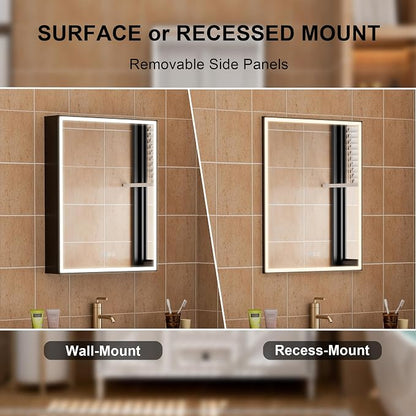 24" X 30" LED Mirrored Medicine Cabinet, Medicine Cabinets with Lights for Bathroom, Defogging Function Mirror Cabinet, Bathroom Medicine Cabinet with USB Port & Outlet, Left Opening Doors