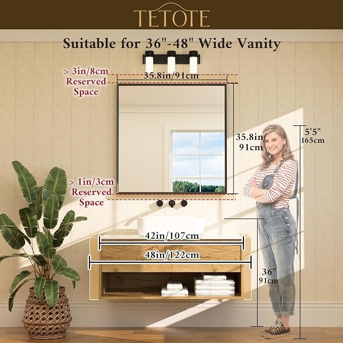 Black Framed Mirror for Bathroom Vanity 36" x 36" Matte Black Rectangle Beveled Frame Wall Mirror for Over Sink, Tempered Glass, Modern Farmhouse Bedroom, Entryway, Living Room