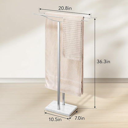 Bathroom Towel Rack Freestanding Floor Stand: Brushed 36in 2‑Bar Weighted Marble Base Towel Holder, Rustproof 304 Stainless Steel Drying Rack for Bath&Hand Towels, No‑Drill Slim Organizer, Spa Pool