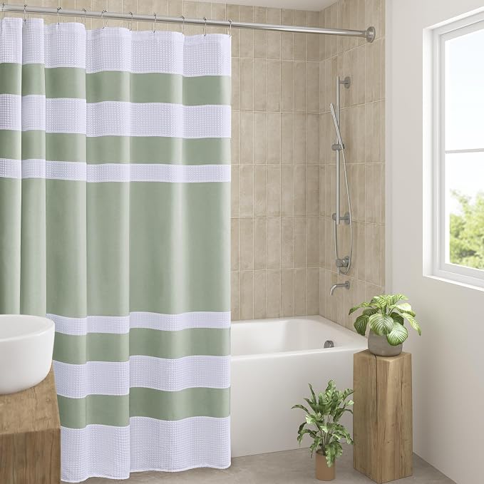 Madison Park Spa Waffle Shower Curtain for Bathroom, 72 x 72, Sage Green | Striped, Pieced Fabric Design, 3M Scotchgard Moisture Management, Hotel Quality, Modern, for Bathroom, OEKO-TEX Certified