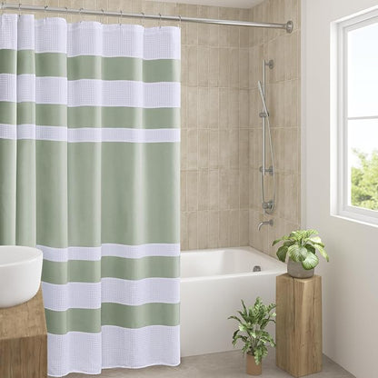 Madison Park Spa Waffle Shower Curtain for Bathroom, 72 x 72, Sage Green | Striped, Pieced Fabric Design, 3M Scotchgard Moisture Management, Hotel Quality, Modern, for Bathroom, OEKO-TEX Certified