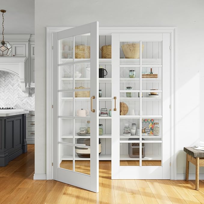 SMARTSTANDARD 64" x 80" Clear Glass French Interior Solid Core Door Slab | 10-Lite Glass Pantry Door for Bathroom Laundry Pocket, Pre-Assembled Panel without Hardware, White Primed