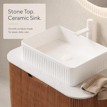 30 Inch Bathroom Vanity with Sink, Floating Wall Mounted Single Sink Vanity, Natural Woodgrain Curved Fluted Front, Stone Top, White Textured Rectangular Vessel Basin, Pre-Assembled