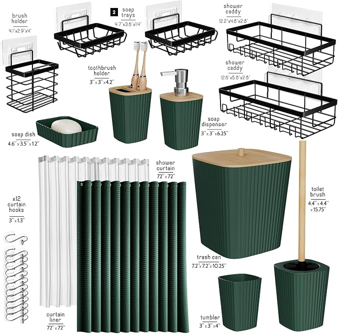 Clara Clark Bathroom Set, Shower Curtain Set and Shower Caddy Hanging | 25 Piece Hunter Green Bathroom Accessories Set with Toothbrush Holder, Soap Dispenser, Soap Dish, Toilet Brush, and Trash Can