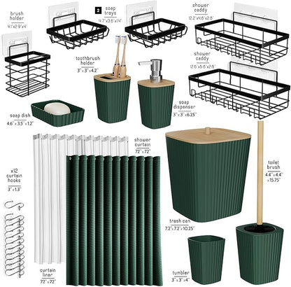 Clara Clark Bathroom Set, Shower Curtain Set and Shower Caddy Hanging | 25 Piece Hunter Green Bathroom Accessories Set with Toothbrush Holder, Soap Dispenser, Soap Dish, Toilet Brush, and Trash Can