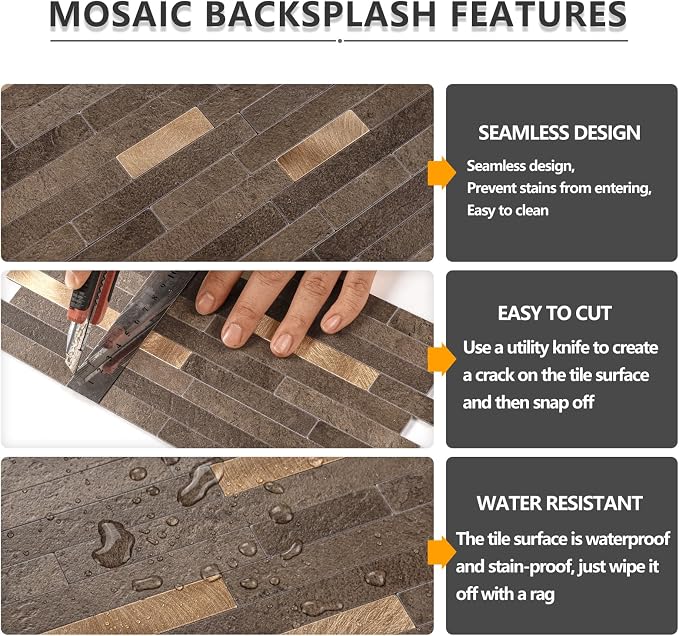 STICKGOO 20 Sheets Peel and Stick Backsplash Tile, Stick on Backsplash for Kitchen and Bathroom, Dark Brown Marble Look PVC Mixed Metal Gold Self Adhesive Wall Tiles