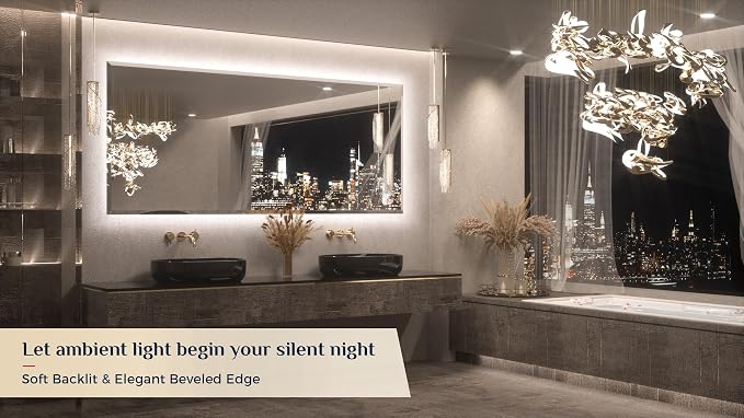 Keonjinn 84"x40" LED Bathroom Mirror with Lights, Safe HD Tempered Glass | Elegant Beveled Edge, Dimmable 3 Color Lights, Auto-OFF Defogging, Wall Switch/Plug in, Secure Installation, Large LED Mirror