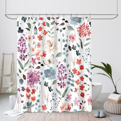 Long Shower Curtain 72 x 78 Inch, Tall Colorful Floral Shower Curtain for Bathroom, Watercolor Flower Butterfly Fabric Shower Curtain Set with Hooks