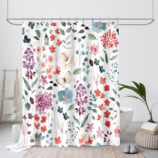 Long Shower Curtain 72 x 78 Inch, Tall Colorful Floral Shower Curtain for Bathroom, Watercolor Flower Butterfly Fabric Shower Curtain Set with Hooks