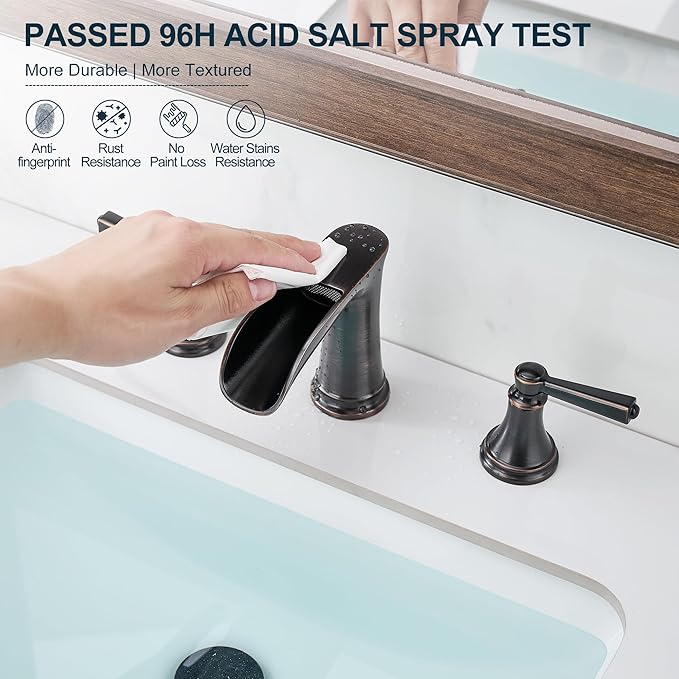 Brass 8 Inch Oil Rubbed Bronze Bathroom Faucet Waterfall Widespread Bathroom Faucets for Sink 3 Hole 2 Handle with Pop up Drain & Pre-Installed cUPC Water Hose for Vanity, 10 Mins Install