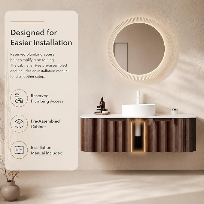 48 Inch Bathroom Vanity with Sink, Floating Wall Mounted Single Sink Vanity, Dark Walnut Curved Fluted Front, Stone Top, Pure White Round Vessel Basin, Pre-Assembled