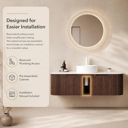 48 Inch Bathroom Vanity with Sink, Floating Wall Mounted Single Sink Vanity, Dark Walnut Curved Fluted Front, Stone Top, Pure White Round Vessel Basin, Pre-Assembled