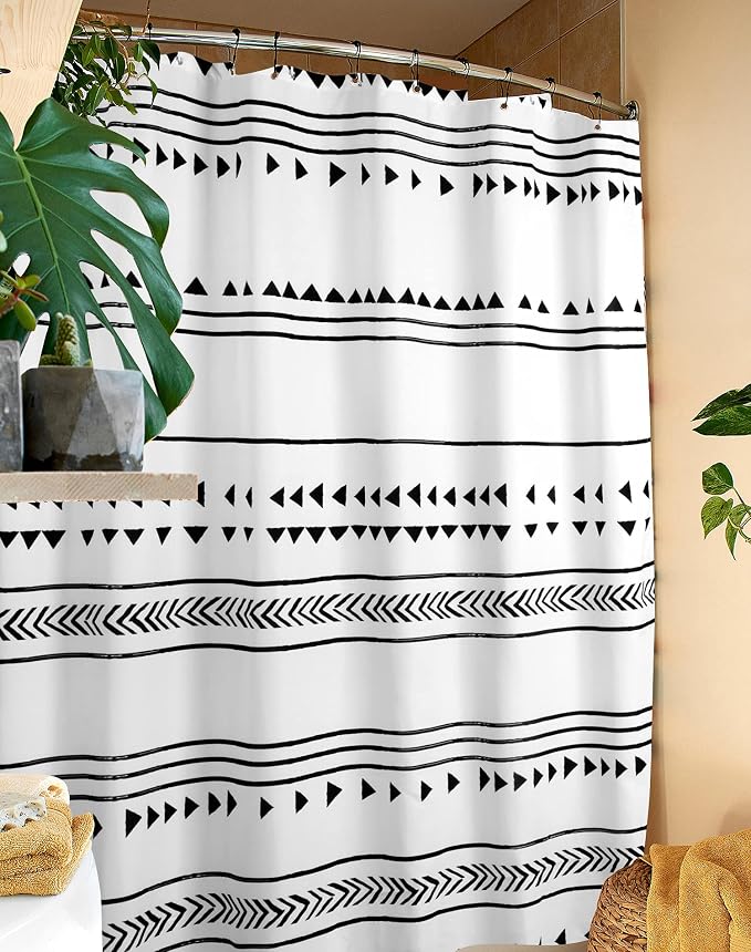 Uphome Extra Long Fabric Shower Curtain for Bathroom, Black and White Boho Shower Curtain Set Chic Triangle Geometric Tassel Cloth Bath Curtains, Waterproof Machine Washable for Modern Bathtub 72 x 78