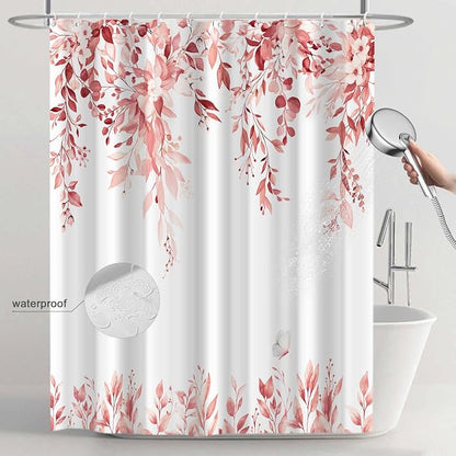 Pink Floral Eucalyptus Shower Curtain with Hooks, 72x78 Inch | Waterproof Fabric, Watercolor Leaves and Floral, Botanical Style, Machine Washable, Quick-Drying, for Hotel Bathroom